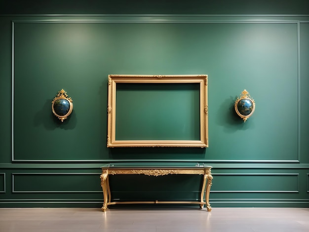 Auktionshaus oder Museum Ausstellung königliche grüne Wand antike Kunstmesse Galerie Rahmen leere Vorlage