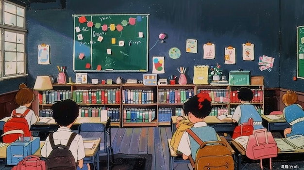 Aula de anime que establece una sesión de estudio