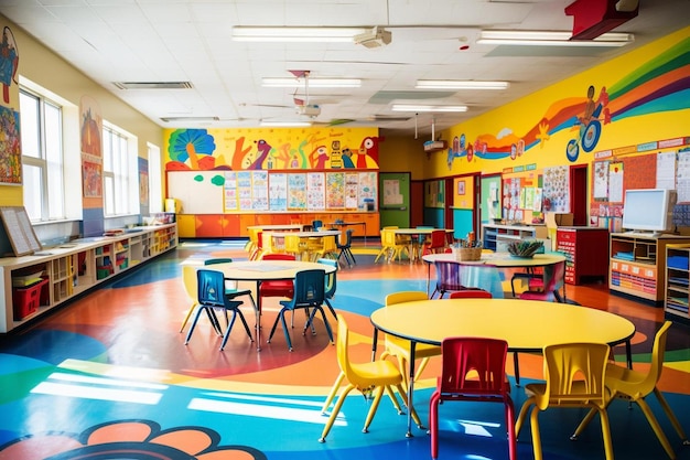 Foto un aula con un arco iris pintado en la pared.