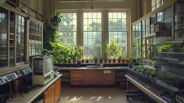 Un aula de botánica con especímenes de plantas y cámaras de crecimiento para estudiar la fisiología y la ecología de las plantas