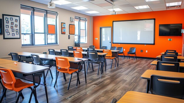 Foto aula de clase interior vacío de la clase de la escuela con tablero blanco y escritorios de madera