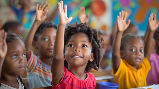 Aula comprometida Manos ansiosas alcanzan un alto concepto Aprendizaje comprometido Participación activa Enseñanza colaborativa Educación innovadora