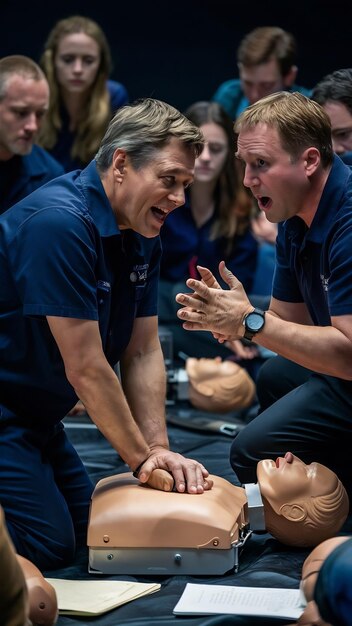 Aula de CPR com instrutores a falar e a demonstrar os procedimentos de compressão e reanimação de primeiros socorros