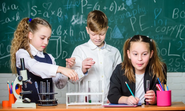 Aula de química escolar Tubos de ensaio com substâncias Educação formal Estudantes de meninas e meninos conduzem experimento escolar com líquidos Laboratório da escola Alunos do grupo estudam líquidos químicos