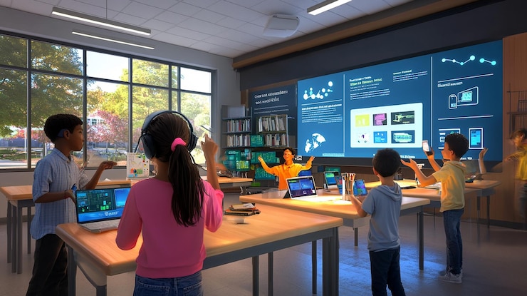 Foto aula de realidade aumentada com dispositivos interativos de ar
