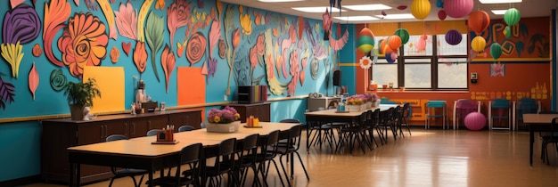 Un aula decorada con carteles educativos, coloridas obras de arte creadas por estudiantes