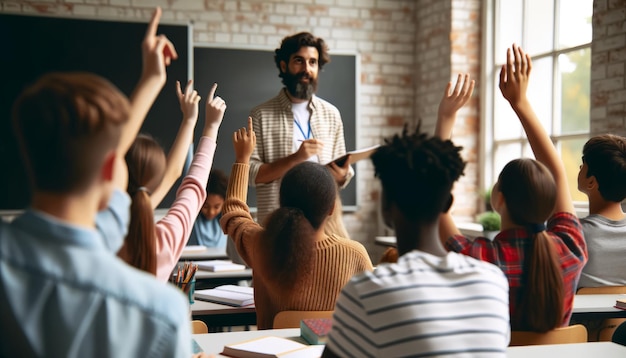 Aula diversa con estudiantes que levantan las manos