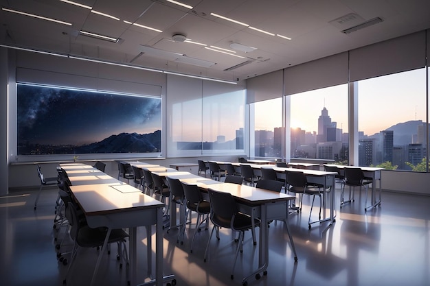 Un aula elegante y moderna con tecnología avanzada y una vista de las estrellas fuera de las ventanas.