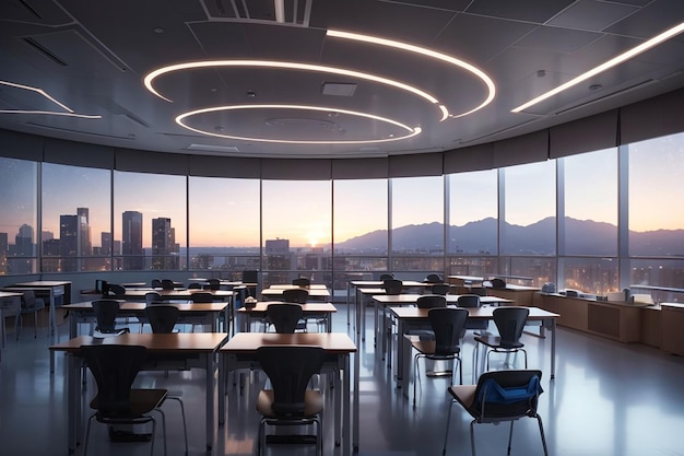 Un aula elegante y moderna con tecnología avanzada y una vista de las estrellas fuera de las ventanas.