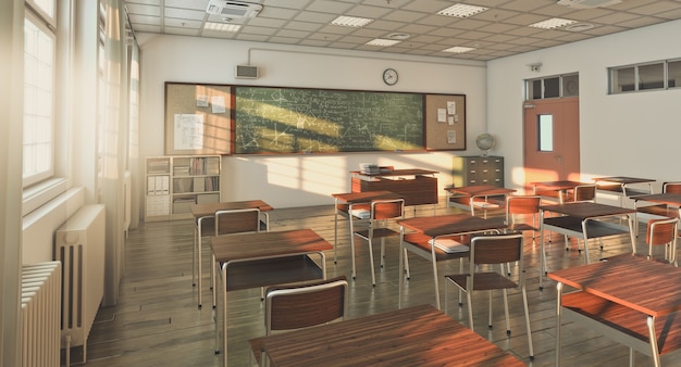 Aula escolar com piso de madeira, ninguém por perto. Renderização 3D.