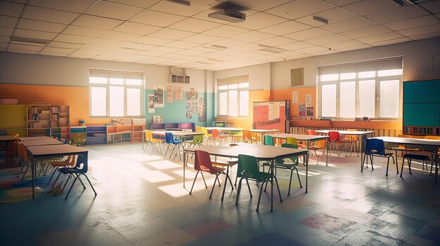 Aula escolar vacía colorida positiva AI generada