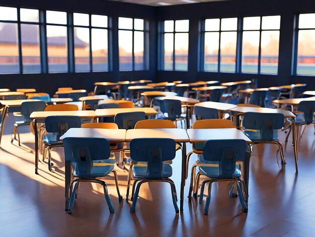 Foto un aula con un escritorio y sillas con una montaña en el fondo