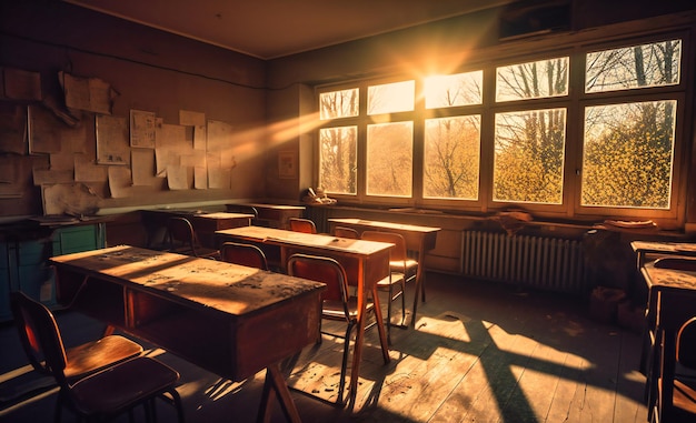 Un aula con escritorios y sillas y pizarra al sol