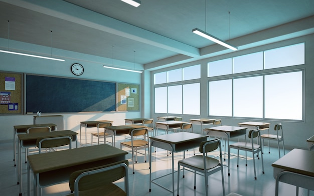 Foto aula de la escuela con sillas, escritorios y pizarra.