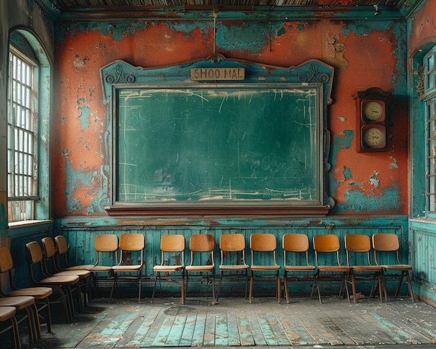 Foto aula de escuela con sillas vacías y pizarra