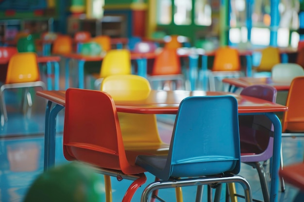 Aula de escuela vacía con escritorios y sillas de colores