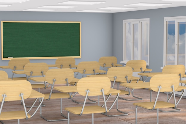 Aula de la escuela vacía interior. Ilustración 3D. De vuelta a la escuela