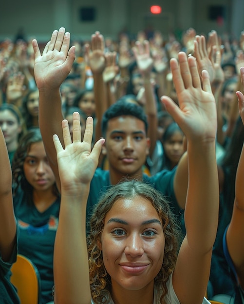 Un aula con estudiantes levantando las manos