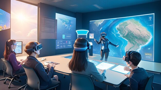 Un aula futurista con pantalla holográfica de realidad virtual integrada en la experiencia de aprendizaje