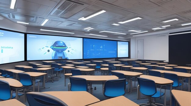 Un aula futurista con pantallas brillantes y asistentes robóticos