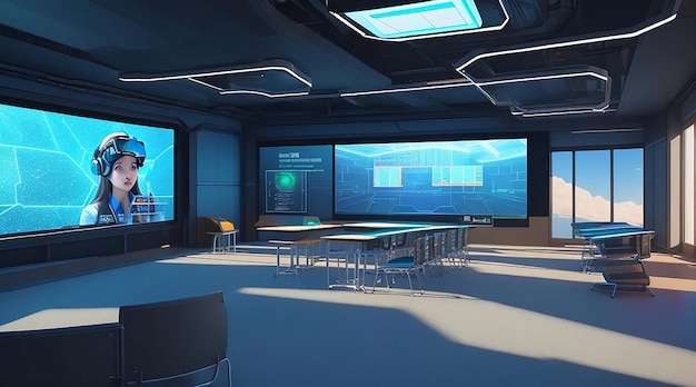 Un aula futurista con pantallas holográficas se integra en la experiencia de aprendizaje