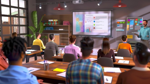 un aula con una gran pantalla que muestra una presentación sobre el área