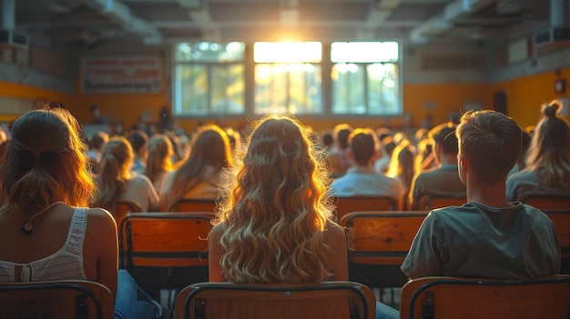 Un aula llena de estudiantes con antecedentes entusiastas