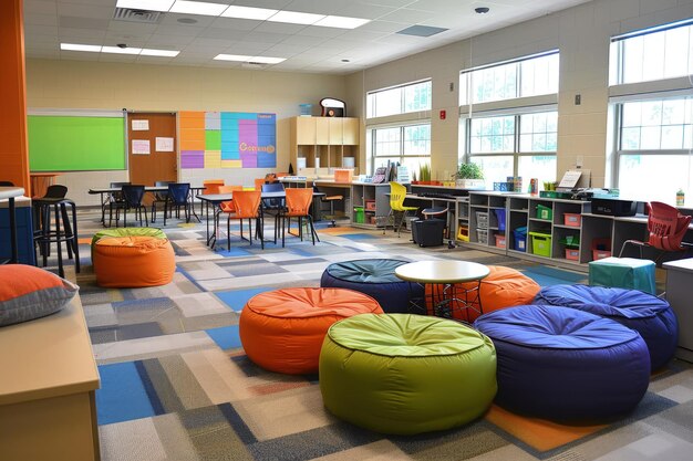 Un aula llena de muchos muebles coloridos