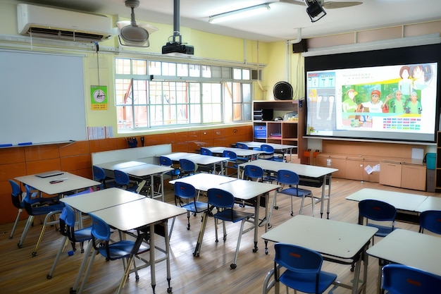 Aula luminosa con proyector y escritorios
