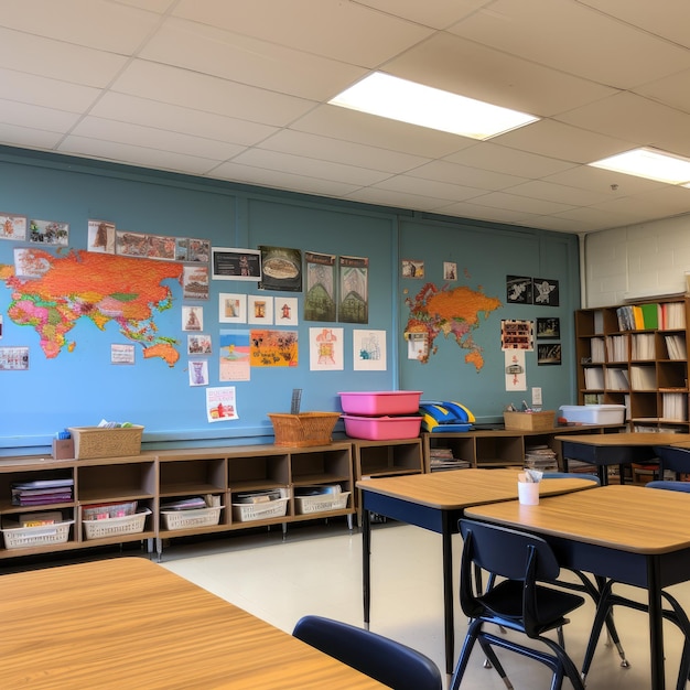 Un aula con un mapa del mundo en la pared