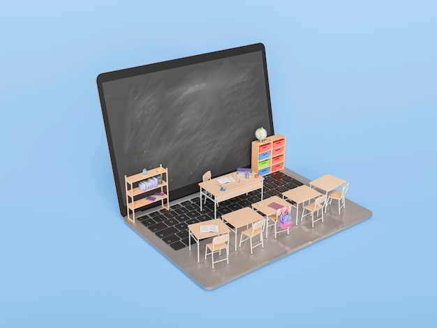 Aula en miniatura con teclado de portátil con pizarra y muebles