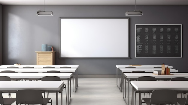 Aula moderna vacía con tablero interactivo blanco IA generativa