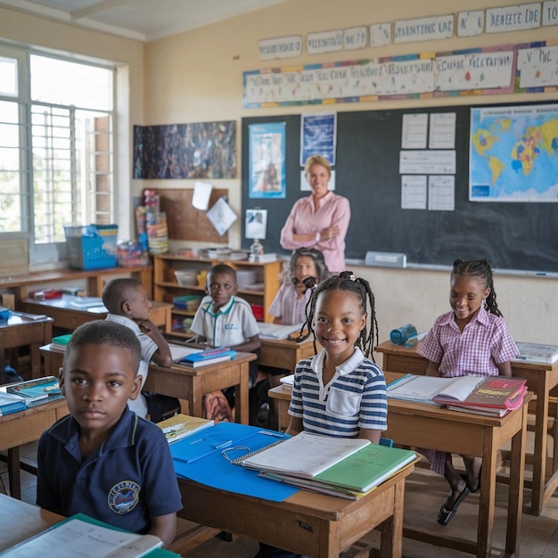 un aula con niños y un maestro delante de ellos