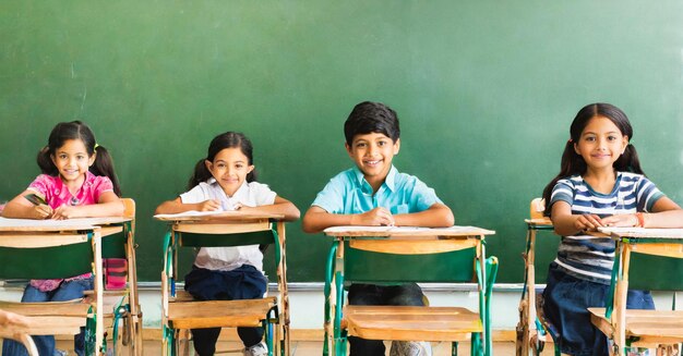 aula con niños sonrientes en clase de aprendizaje con silla de madera y pizarra verde educación