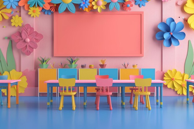 Foto un aula con una pizarra y globos de colores