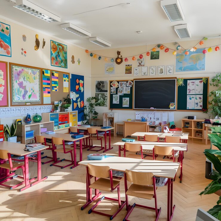 un aula con una pizarra y una pizarra con la palabra w en ella