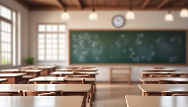 un aula con una pizarra verde y un reloj en la pared