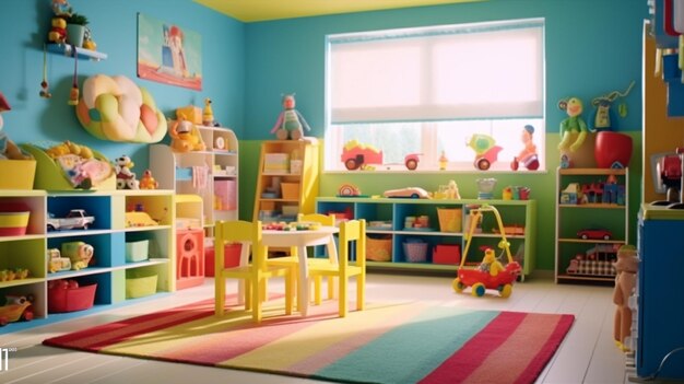 Foto aula de preescolar colorida estudiantes alegres y brillantes en la ilustración de la sala de clase