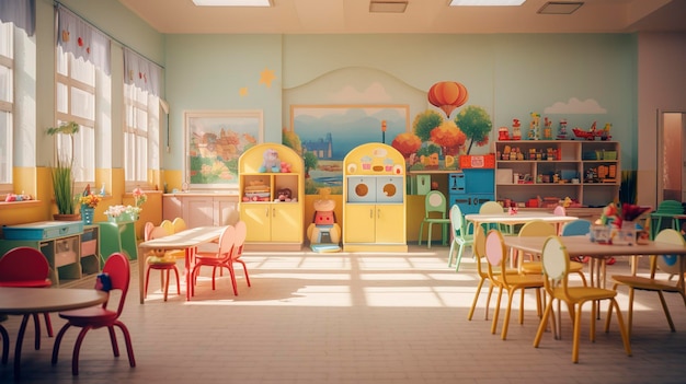 Aula preescolar soleada con muebles coloridos, juguetes educativos y un acogedor rincón para leer