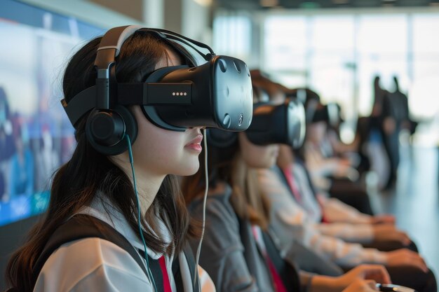 Un aula de realidad virtual llena de estudiantes aprendiendo generada por la IA