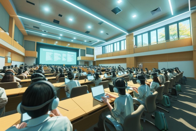 Un aula de realidad virtual llena de estudiantes aprendiendo generada por la IA