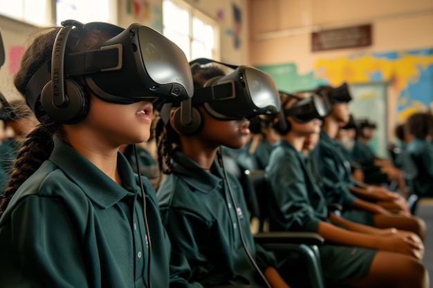 Un aula de realidad virtual llena de estudiantes aprendiendo generada por la IA