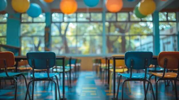 Foto un aula con sillas y una ventana con la palabra en ella