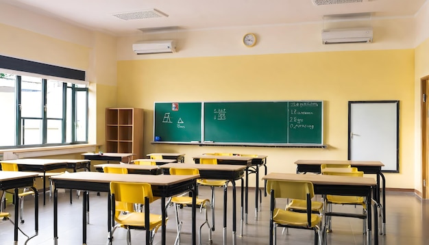 un aula con un tablero verde que dice en él