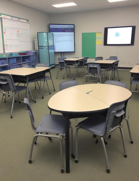 Foto aula con tabletas o portátiles que muestran la integración de la tecnología en la educación