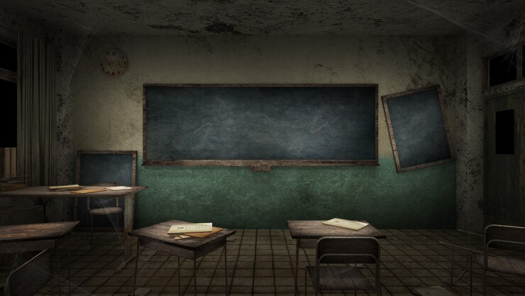 Aula de terror y espeluznante en la escuela. Representación 3D