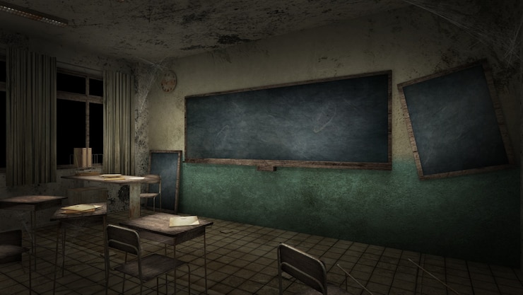 Aula de terror y espeluznante en la representación 3d de la escuela