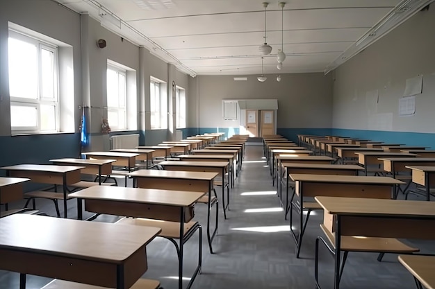 Aula vacía Aula escolar borrosa sin estudiantes con sillas y mesas vacías