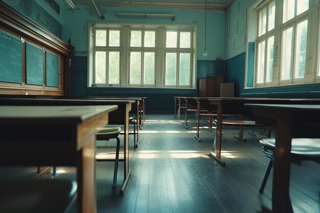 Aula vacía Concepto de regreso a la escuela en la escuela secundaria Aula interior de madera vintage Conferencia sillas y escritorios de madera Estudiando lecciones en la educación secundaria