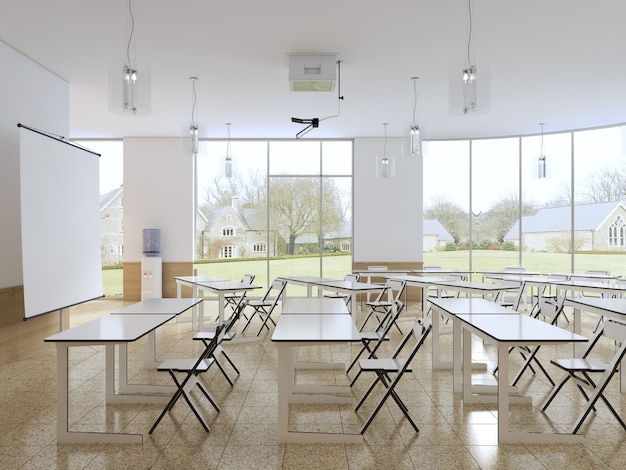Aula vacía para estudiantes con equipamiento moderno y cocina. Representación 3D.